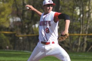 George Kirby throws a pitch against Eastchester on Thursday, April 21.  Kirby struck out 10 batters in 6.1 innings of work to pick up the win over the Eagles. Photo/George Kirby