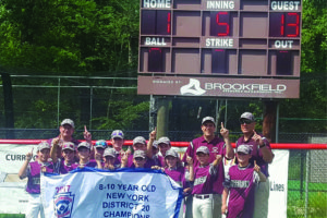 Harrison’s 10u Little League Baseball team celebrates with the District 20 banner at Piccoli Field in Elmsford on July 9. Harrison beat Eastchester 14-1 to claim the tourney title. Contributed photo