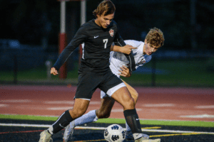 Jonas van Beurden controls the ball against Harrison on Sept. 30.