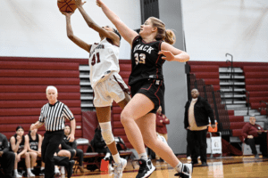 Blayse Jennings goes for a layup during Harrison's first-round playoff game against Nyack on Feb. 18. Jennings led Harrison with 16 points.